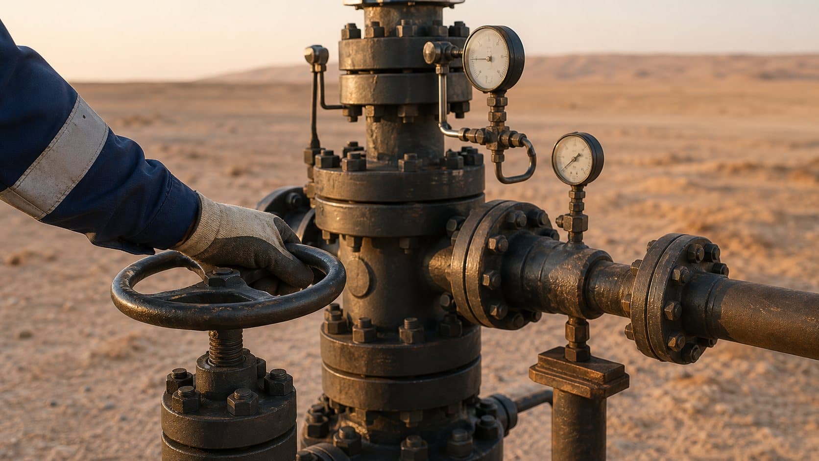 Technician's gloved hand on a wellhead valve handwheel in a desert field