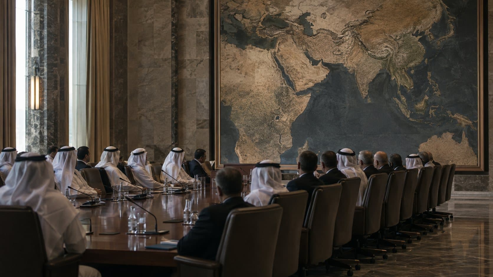 Formal meeting in a ministry hall with a wall map of the Middle East and Africa