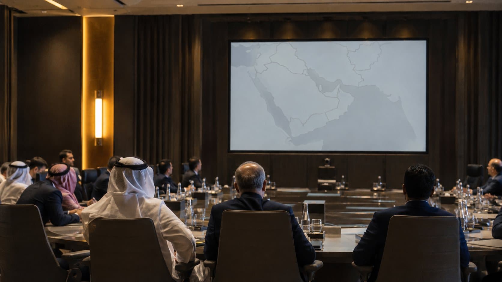 Delegates in a boardroom facing a regional map